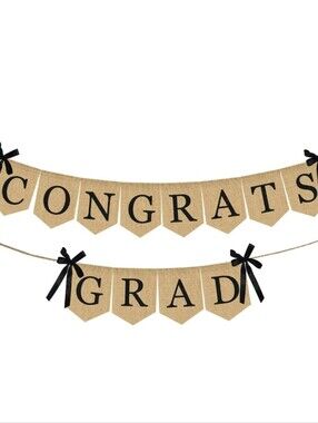 Congrats Grad Burlap Banner with Black Lettering